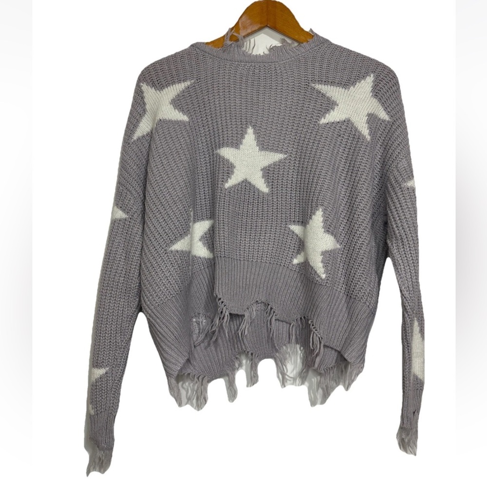 Just Polly New York Sweater Women’s M Purple Cropped Distressed Star Shark Bite - Picture 3 of 8